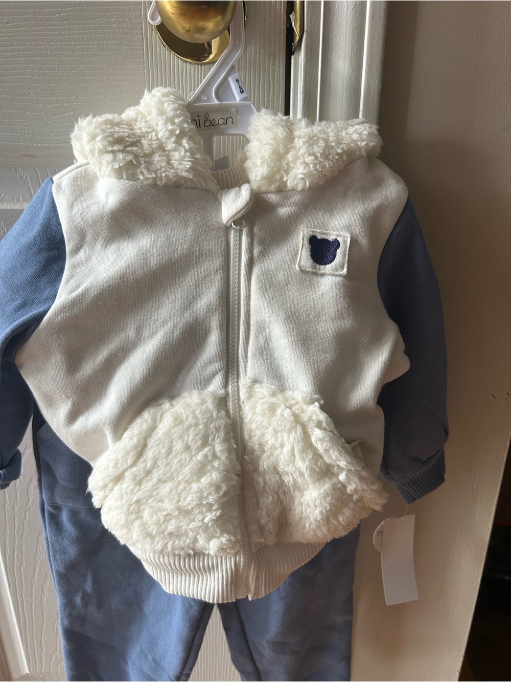 Cream & Blue Sherpa Hoodie and Pant Set by Mini Bean